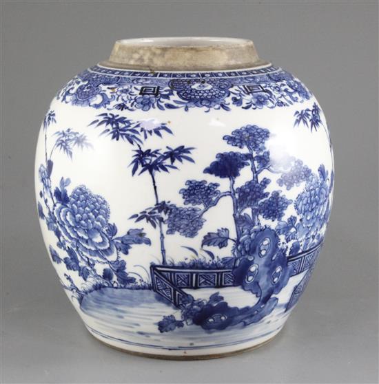 A Chinese export blue and white ovoid jar, Qianlong period, height 22cm, small holes to shoulder for handle mounts